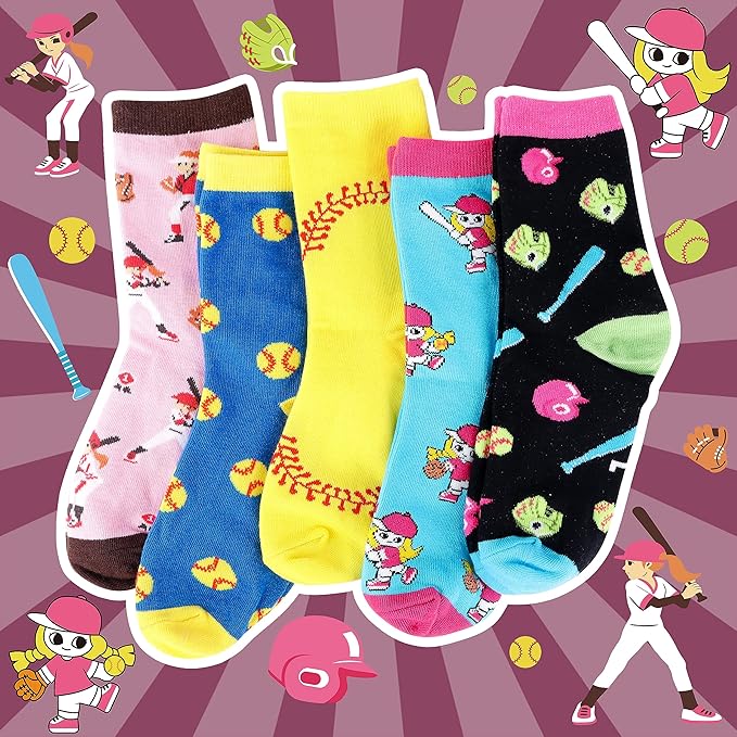Belloxis Funny Athletic Socks 5 Pcs, Multi-Sport Design (Basketball, Baseball, Soccer, Hockey), Crew Socks for Boys Girl