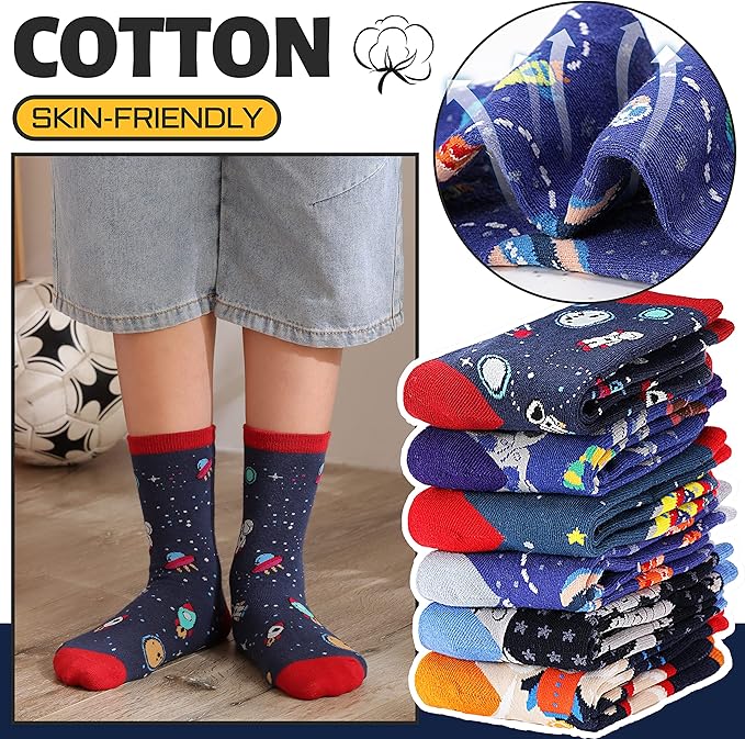 Anlisim 6 Pairs Boys Kids Socks Fun Crazy Funny Novelty Cartoon Space Rocket Dinosaur Crew Cotton Socks